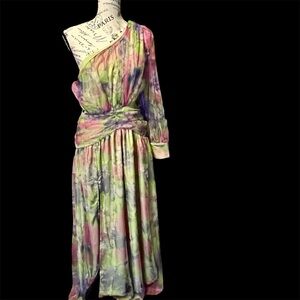 One shoulder Maxi BOHEMIAN high split, Fairy, sheer lantern sleeve, pastels